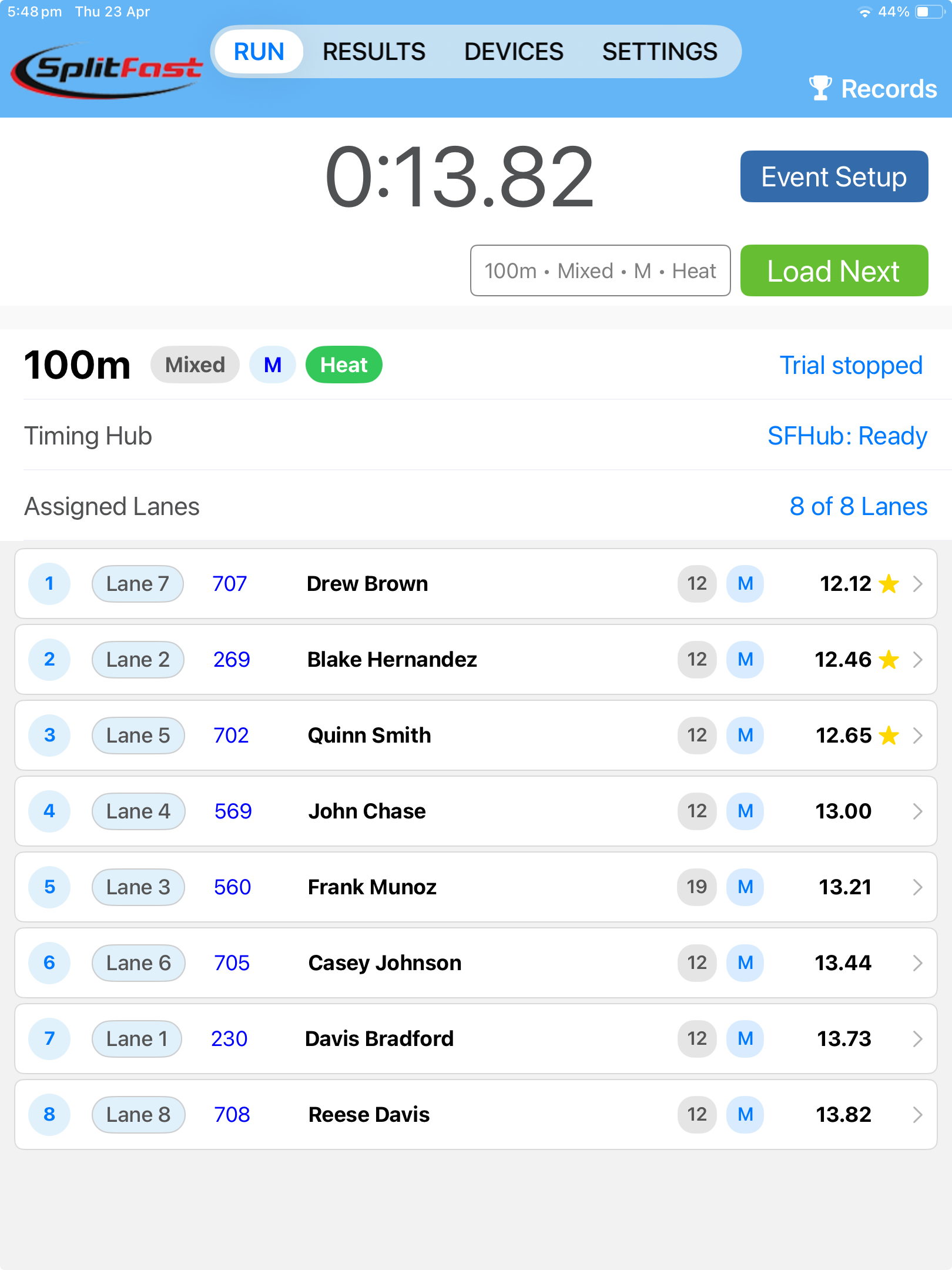 SplitFast Timing App Run page showing completed 100m Mixed Male Heat with 8 athletes ranked 1 to 8 by time, lane assignments, athlete IDs, names and personal best stars